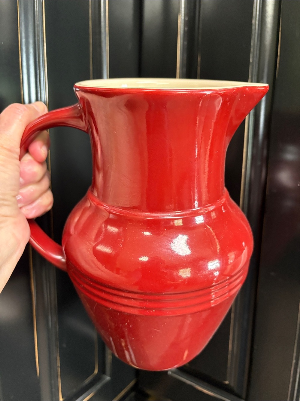 Olive & Thyme Ceramic Red Pitcher with Classic Ribbed Detail